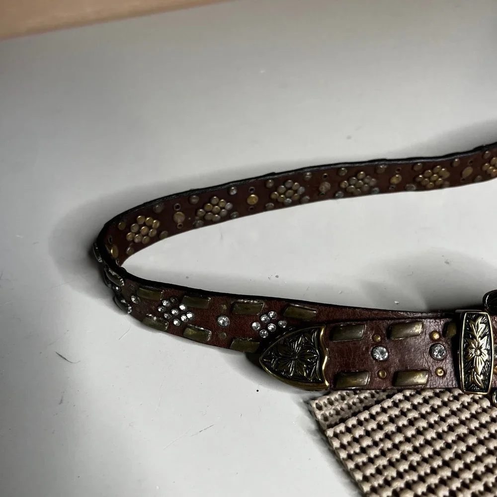 Genuine Leather Brown Western Studded Rhinestone Belt Brass Buckle Boho Medium